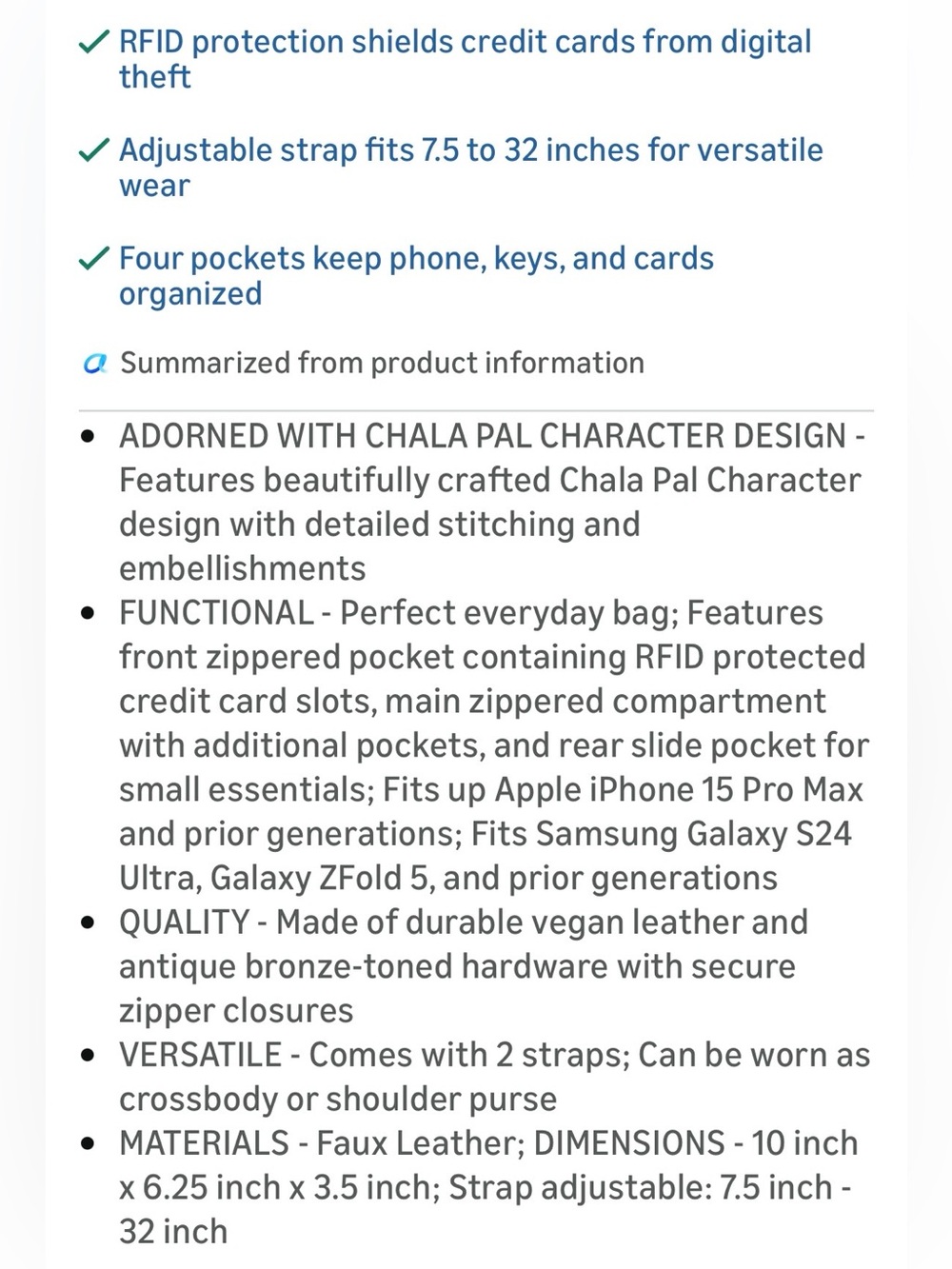 CHALA RFID Protected Vegan Leather Deluxe Crossbody Bag with Adjustable Straps - Picture 6 of 10